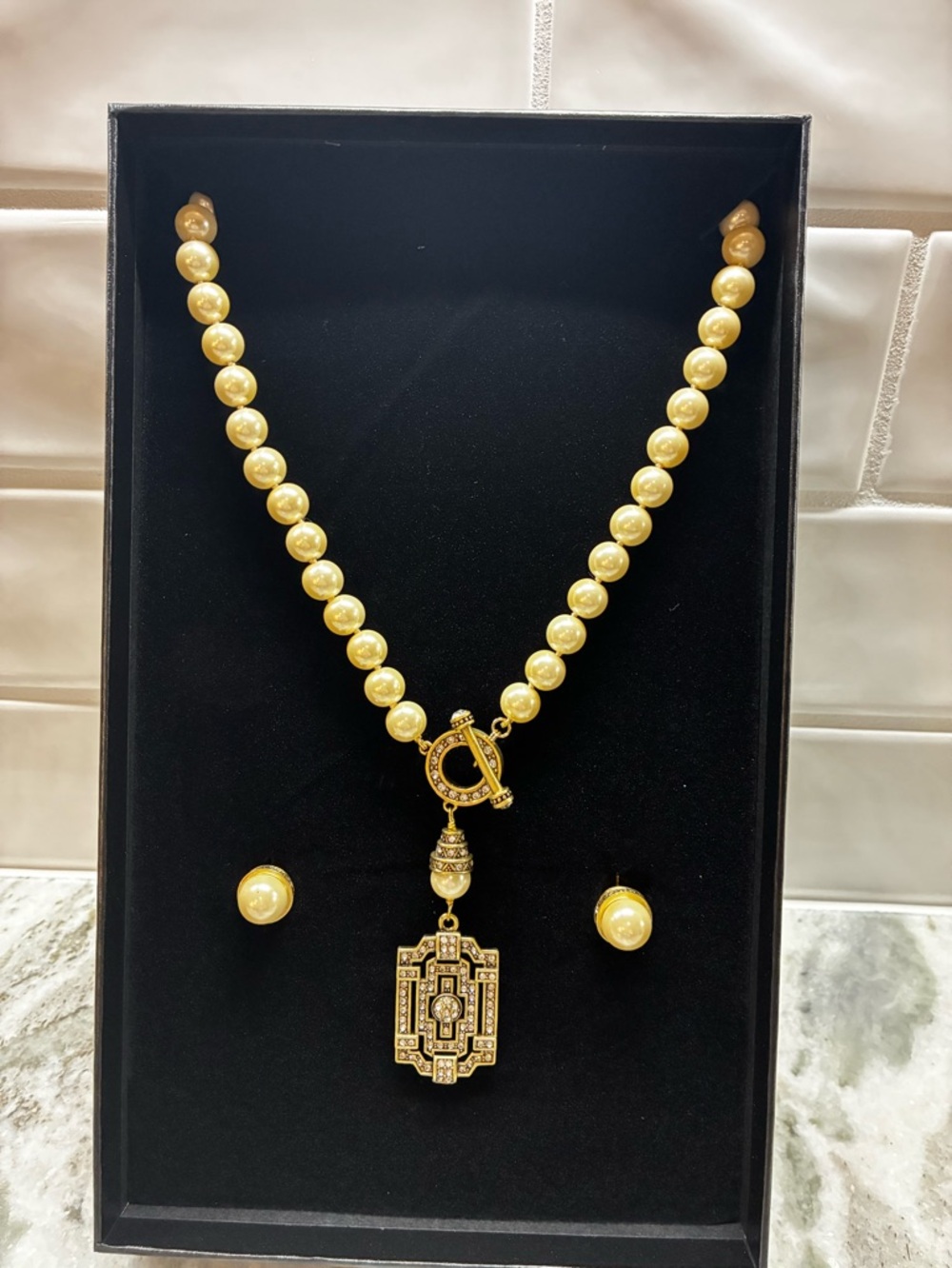 Gold-Tone Pearl Pendant Necklace and Stud Earrings Set by Heidi Daus.